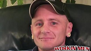 Fellow takes off down and flashes off all his tattoos and piercings