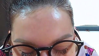 Hot Girl in Glasses Getting Cumshot in Throat After Deepthroat