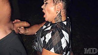 Fucked a huge cellulite ass in stockings in a park in Moscow and pissed her