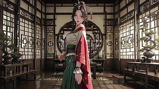 The Red-Robed Goddess in a sun-dappled secret garden, lazily turning her head with golden halos and a coy smile