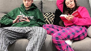 Step Brother Watch Porn and Jerk Off Next To Step Sister!