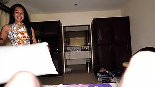 Guy feeding a hot Thai teens hairy pussy