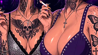 AI generated skinny goth returns with a friend smoking big tits goth kissing virtual sex two girls smoking kissing bouncing tits