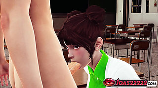 Nonaka in Classroom - No Hands Sloppy Blowjob While Sitting, On Top Titfuck in Pink Bra with Close-Up Shots, and Handjob Cumshot