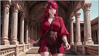 Red-haired Priestesss Forbidden Bath Ancient Stone Corridors Dappled With Light She Lounges In A Circular Pool Overflowing With Liquid