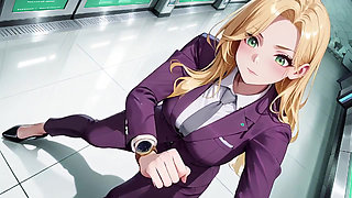 Blonde Boss in Purple Suit! Office Train Private Moments. She's Multitasking with Files While Secretly Adjusting Her Skirt...