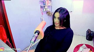 Brunette Sucks Big Pink Dildo Machine