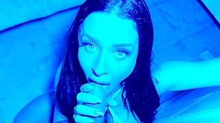 Rough ass pounding and cum shower in a blue sauna with Luiza Marcato and Leo Santos