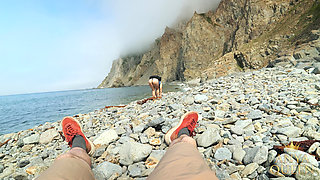 153 Public Beach Encounter: Stranger in Blue Bodysuit Gives a Blowjob and Handjob