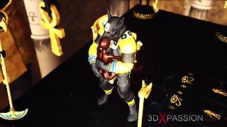 Ancient Egypt. Anubis plays with a hot black girl in the temple
