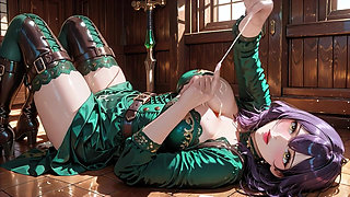 Luxury Marble Bathroom Purple Hair Green Eyes Beauty White Mesh Top Black Glossy Mini Skirt Black Fishnet Stockings Seduction Or