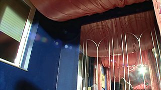 German wife is blindfolded in swinger club