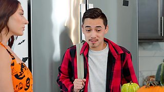 Halloween sex with a brown-haired babe and a Latino