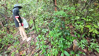 Thai Girl Walking Showing Along the Side of the Field Road in the Countryside Thai Outdoor Public