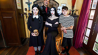 MILF and a teen in a Halloween group sex
