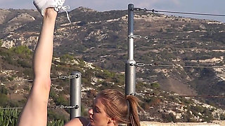 After doing yoga Merry Pie fingers her nice cunt outdoors