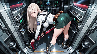 Private moments inside the futuristic spaceship where her white uniform is stretched to perfection.