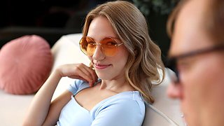 Beautiful brown-haired teen Maya Sinn is jumping on a big boner