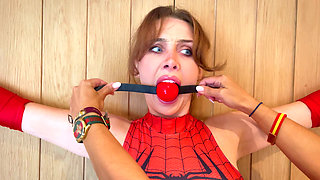 Kiki Daniels on Pantyhose Spiderwoman Trapped on Her Pvc Boots!ballgagged, Eagle Tie and Hogtied