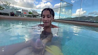 She sucks my dick a little bit and jerks me off in the pool
