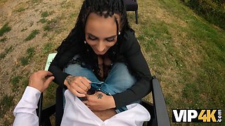 Vip4k. stunner with pierced nips and tattoos screws in the woods