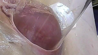 Very Close Spread Pussy Fucking with Dildo and Glass