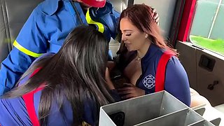 Freaky firefighters have fun sharing cock in hot threesome