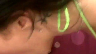 Pierced brunette Bridgette Powell sucks cock while fucking toys