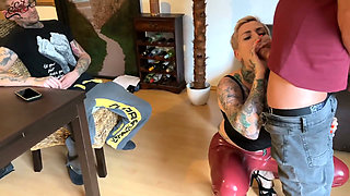 Cuckold with His Cock in a Cage Watches the Fucking!