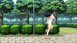 A busty beauty is naked in front of a public toilet in a park