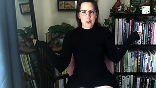 Small titted brunette Sharron with glasses masturbates