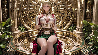 Blonde Angel Queen! Sacred kneeling in a grand cathedral, the green robe barely hiding her soft curves. She glances back shyly.