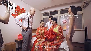 Sweet asian teen gets shared by two lustful guys in bed after the wedding