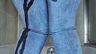 Desperate for Wee in the Bathroom Pissing in My Blue Jeans