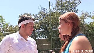 Redhead Slut's Tennis Practice with Friend Ends in Steamy Summer Threesome on Court with New Coach