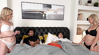 Blonde sluts Slimthick Vic and Lindsey Lake fuck their stepsons