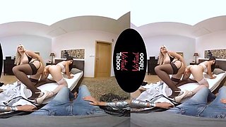 Busty platinum-blonde and dark-haired sisters in stockings