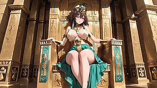 Languid on the golden throne, she runs fingers over her full chest with a hazy, arro