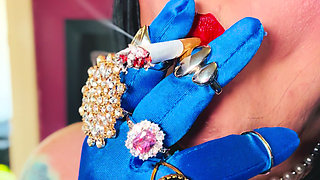 Tina Snua Chain Smokes 2 Cork Cigarettes In Satin With Gloves & Jewellery! - British Mature Smoking Smoker