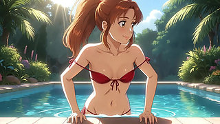 AI Girl Sensually on the Pool - Studio Ghibli Style