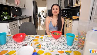 In the kitchen, Asian babe Sakura Lin provides her body to her stepbro Mike Ox