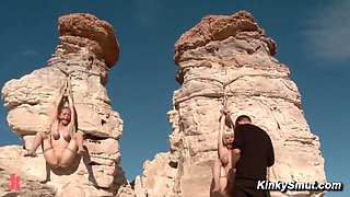 Blond hair lady babes punished in the desert