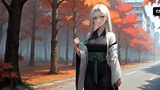 Autumn road's sensual ride, white-haired pornographic star