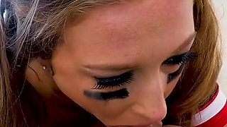 Cheerleader teen Febby Twigs cheerleader deepthroat POV blowjob and cum swallow