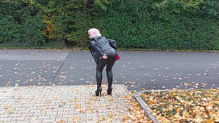 Naughty Granny Tongue Out Flashing Big Tits in Public