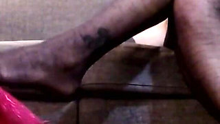 Black Nylon Pantyhose Dangling Hot Pink Heels