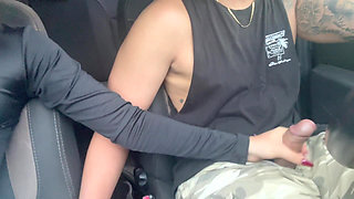 Petite Student Gives Handjob in the Car and Makes Him Cum