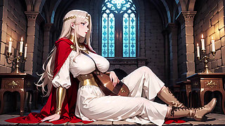 Languid Reading in a Gothic Library, White Robe and Red Cape, Hand Resting Gracefully with Half-closed Eyes.