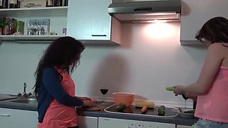 French Lesbian Babes Natalie Hot Fucking with Big Toy in Kitchen