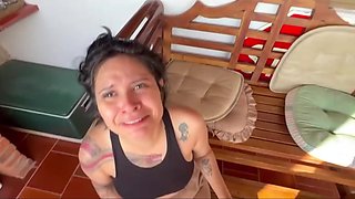 Brunette stepdaughter gets on her knees and pulls his cock out to play POV